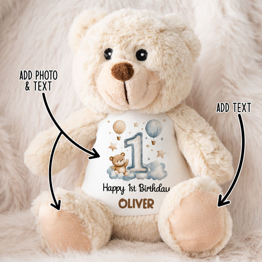1st Birthday Bear Blue Balloons & Clouds Personalised Teddy Bear