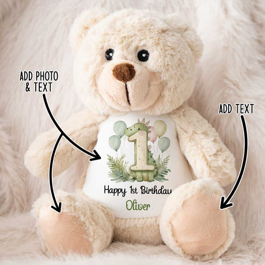 1st Birthday Green Dinosaur & Balloons Personalised Teddy Bear