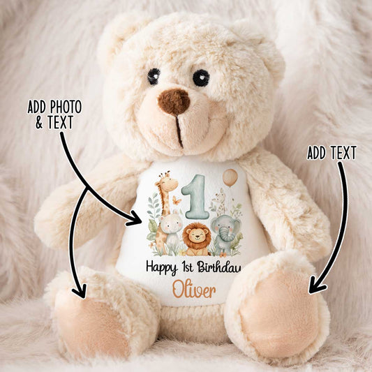 1st Birthday Green Jungle Safari Animals Personalised Teddy Bear