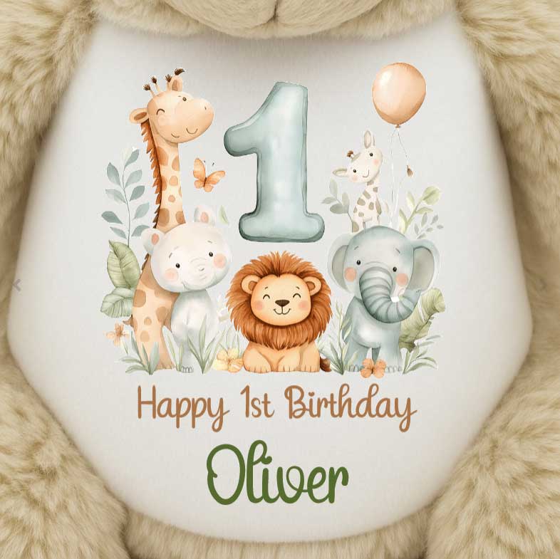 1st Birthday Green Jungle Safari Animals Personalised Teddy Bear
