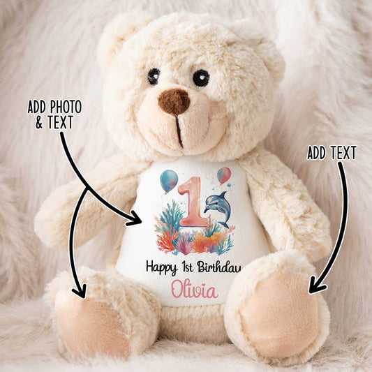 1st Birthday Coral Dolphin Party Personalised Teddy Bear