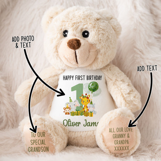1st birthday green jungle party personalised teddy bear MAIN STOCK-CLASSIC-BROWN