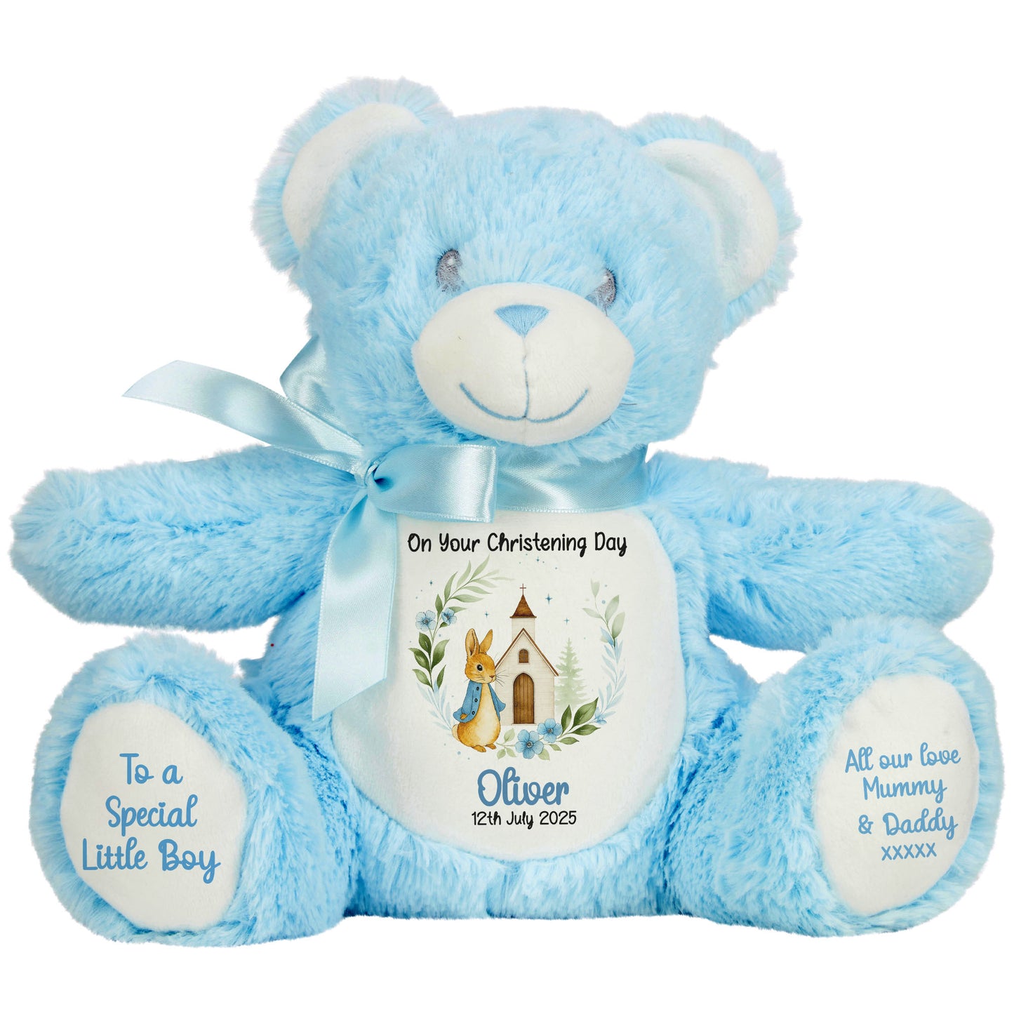 Christening Blue Bunny Church Floral Personalised Teddy Bears