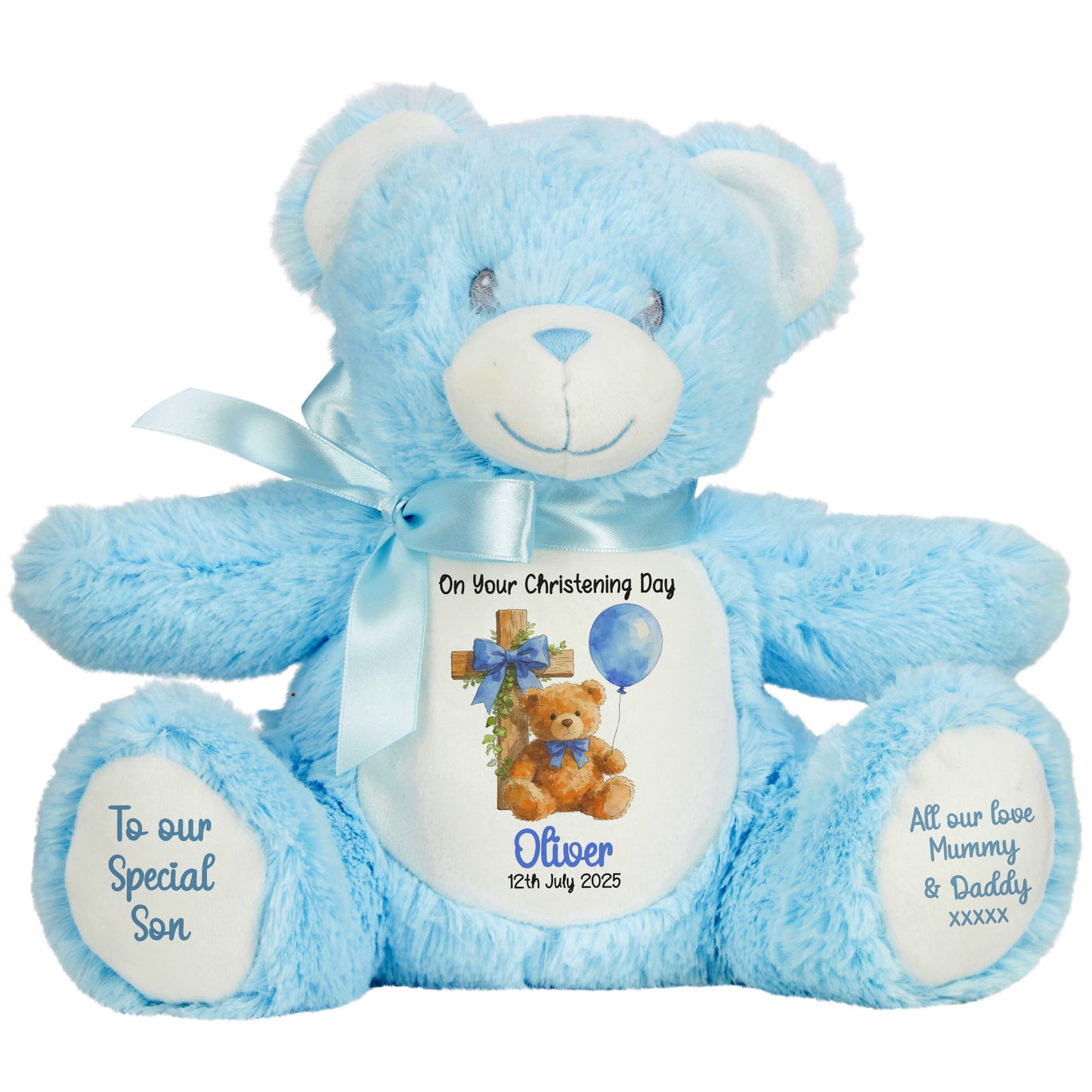 Blue Bear Cross Personalised Christening Teddy Bear