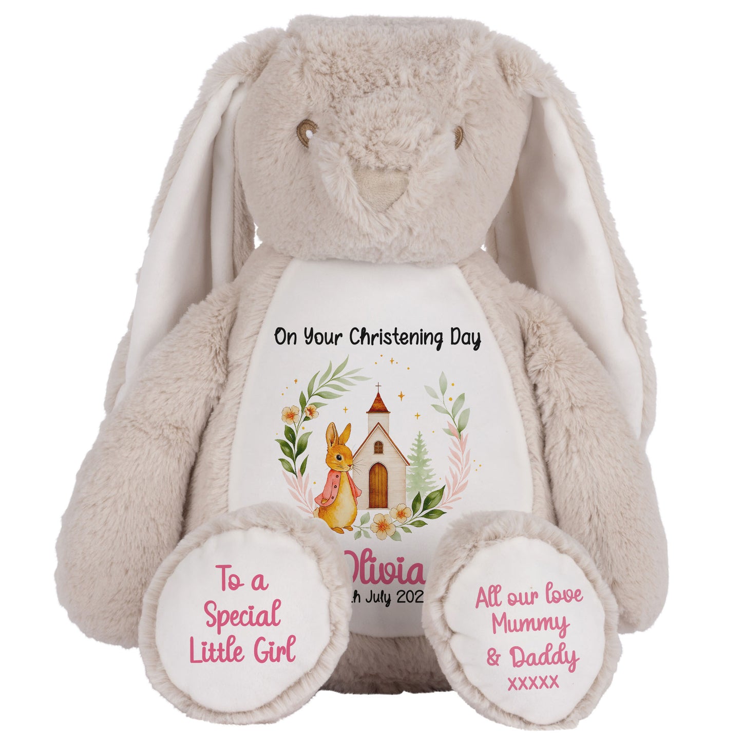 Christening Pink Bunny Church Floral Personalised Brown Bunny