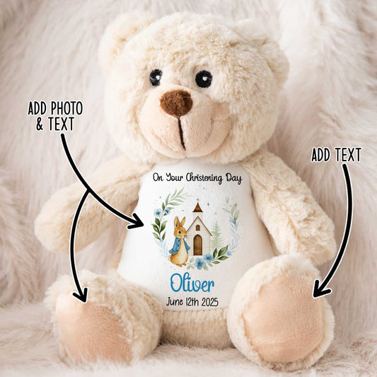 Christening Blue Bunny Church Floral Personalised Teddy Bears