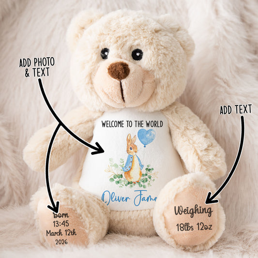 Personalized teddy bear with customizable text on a soft white background STOCK-CLASSIC-BROWN