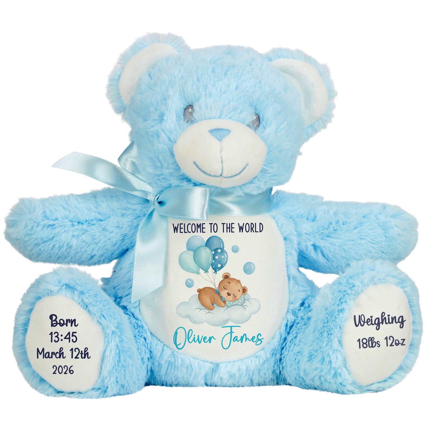 Blue Balloon Sleeping Bear New Baby Personalised Teddy Bear