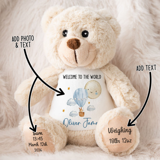 Blue Balloon & Moon New Baby Boy Personalised Teddy Bear