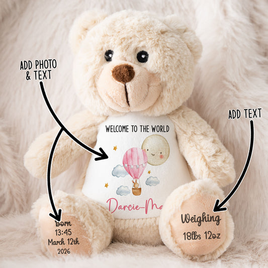 Pink Balloon & Moon New Baby Girl Personalised Teddy Bear