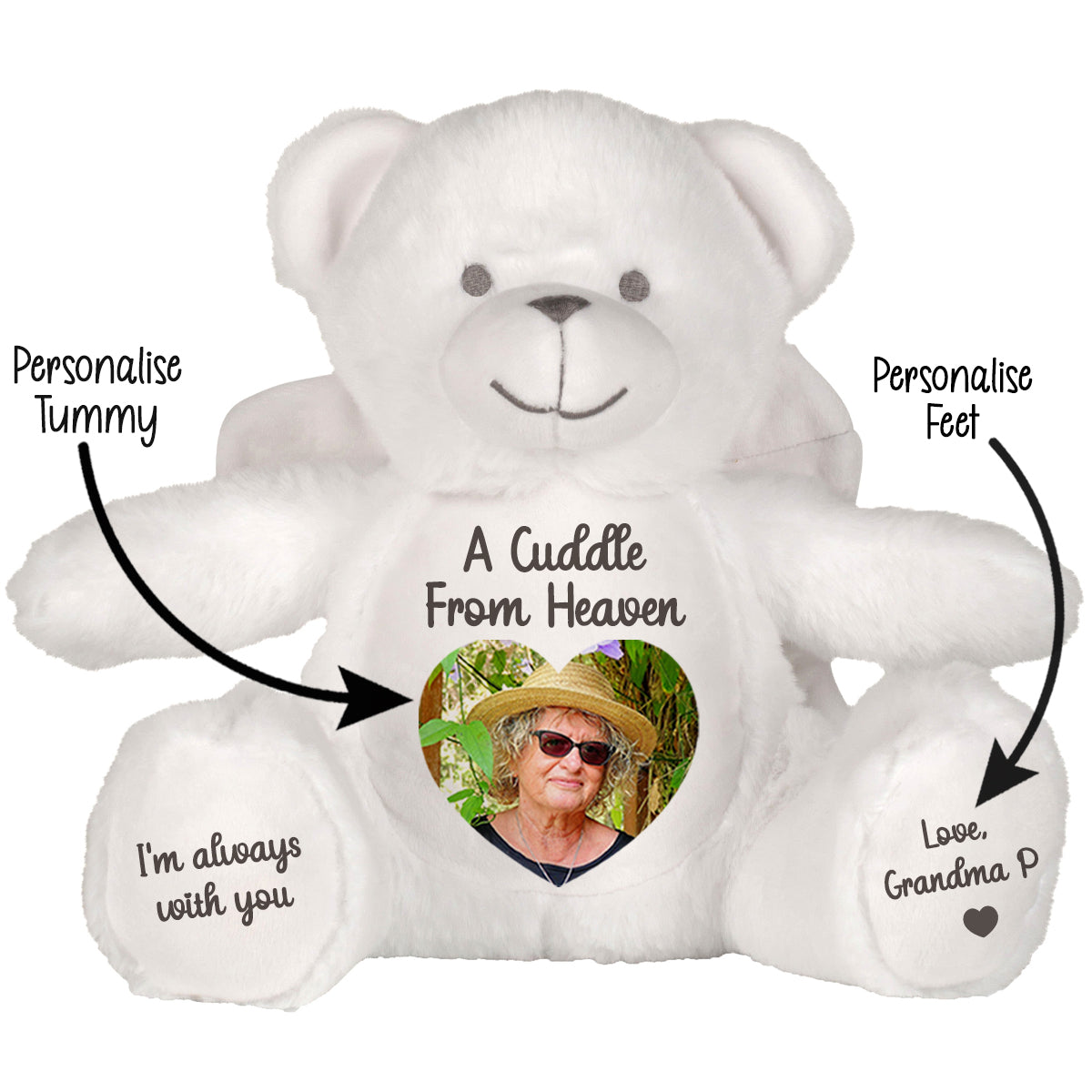 White teddy bear with customisable Cuddle From Heaven text and a heart-shaped photo insert on a white background CFHANG