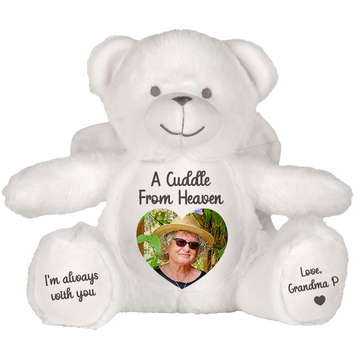 White teddy bear with a heart-shaped photo insert and text on a white background CFHANG