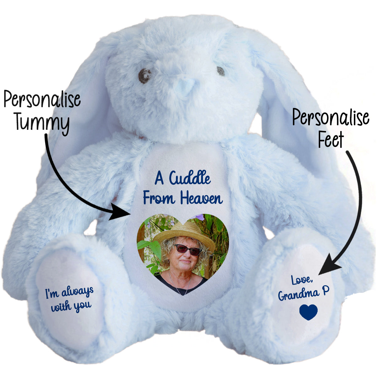 Blue bunny animal teddy with customisable cuddle from heaven text and a heart shape photo CFHBLBU
