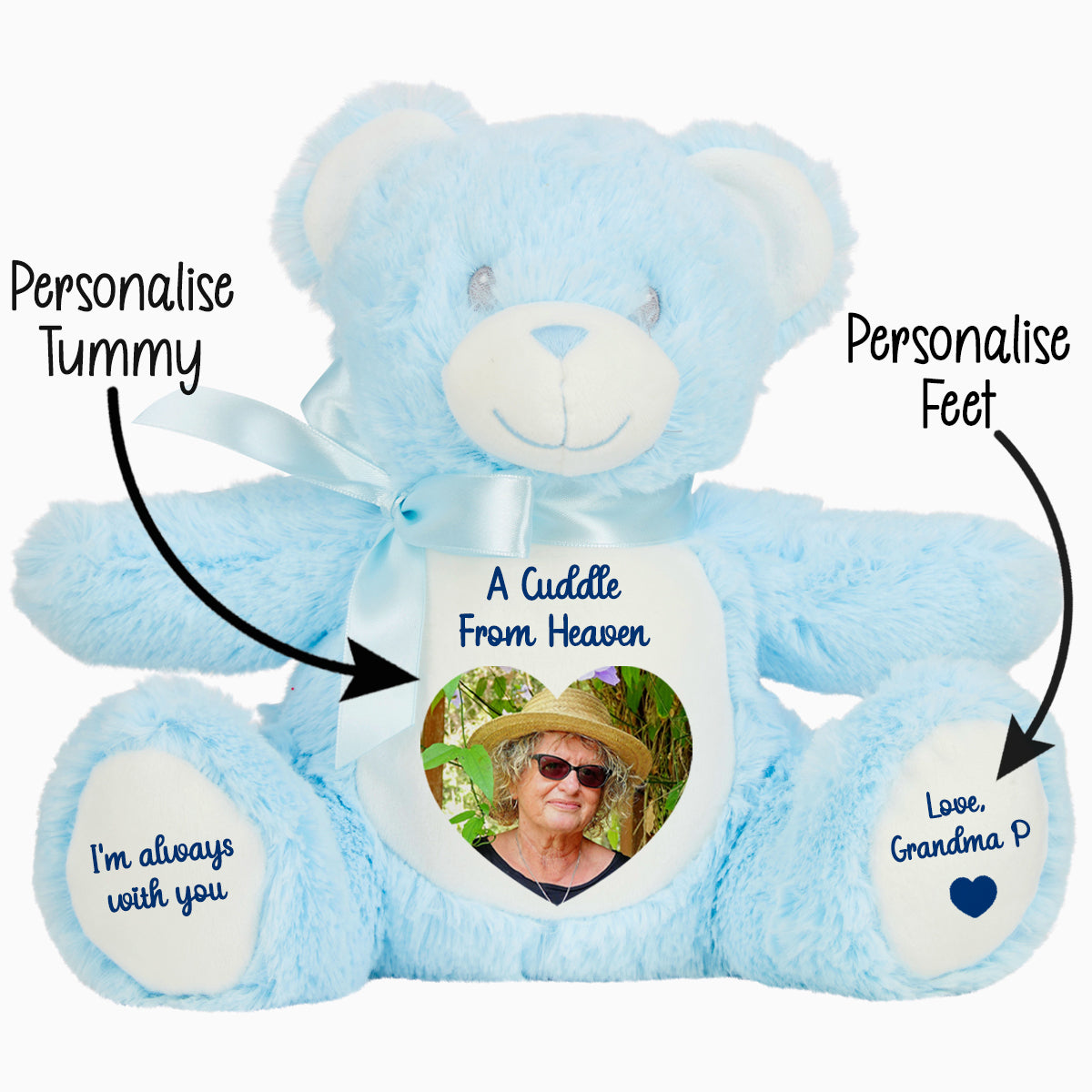 Blue teddy bear with customizable cuddle from heaven text on a white background CFHBLB