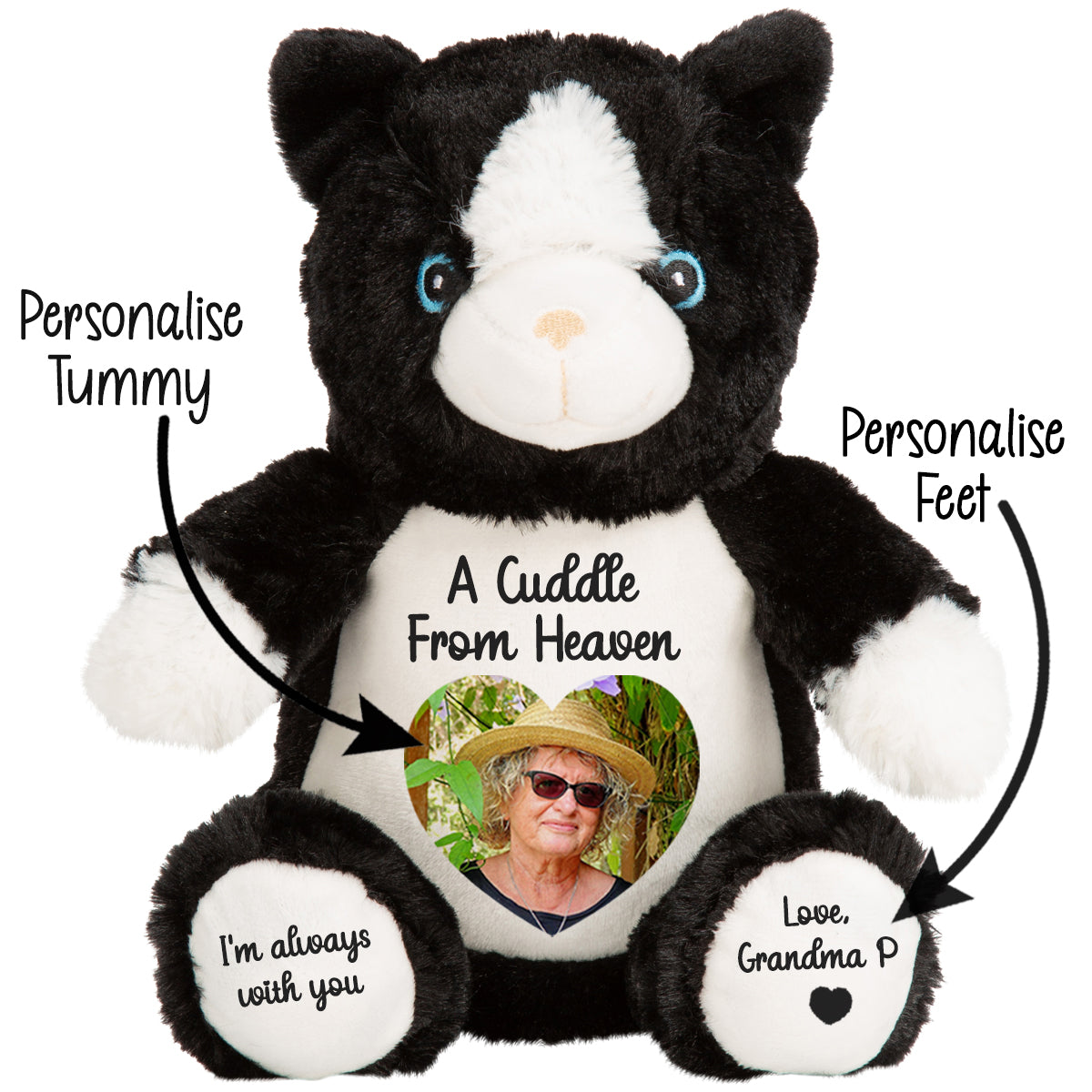 Black and white cat plush toy with customisable cuddle from heaven text and photo CFHCAT
