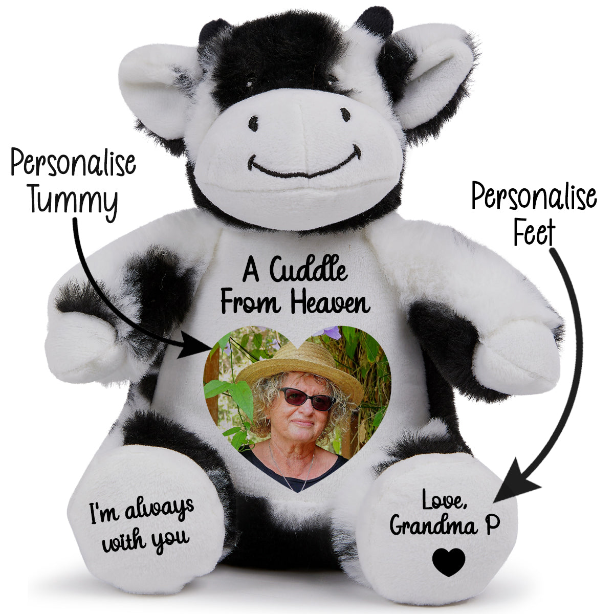 Plush cow teddy with customisable cuddle from heaven text and heart photo area on a white background CFHCOW