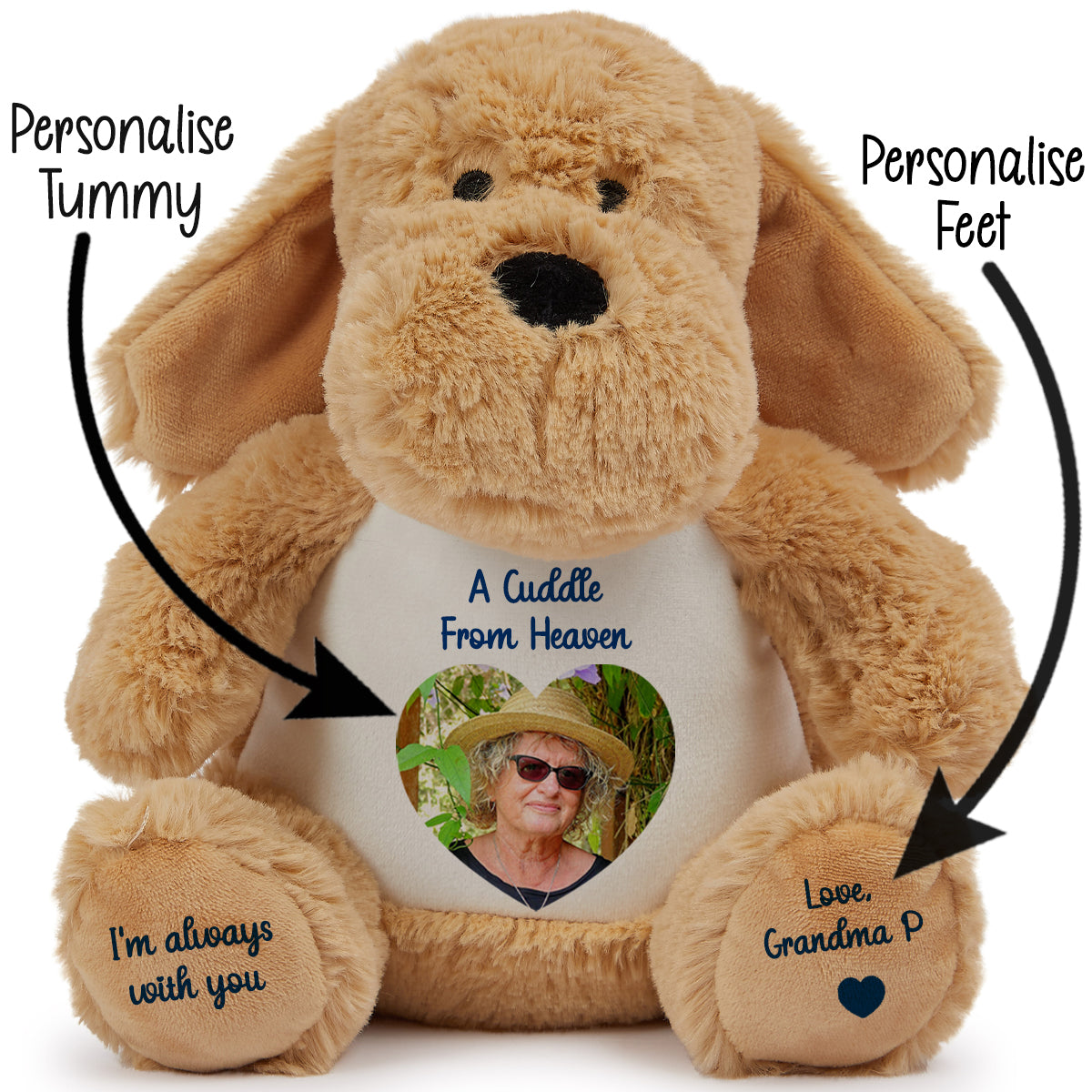 Plush dog teddy with customisable cuddle from heaven tummy and feet, featuring a photo heart CFHDOG