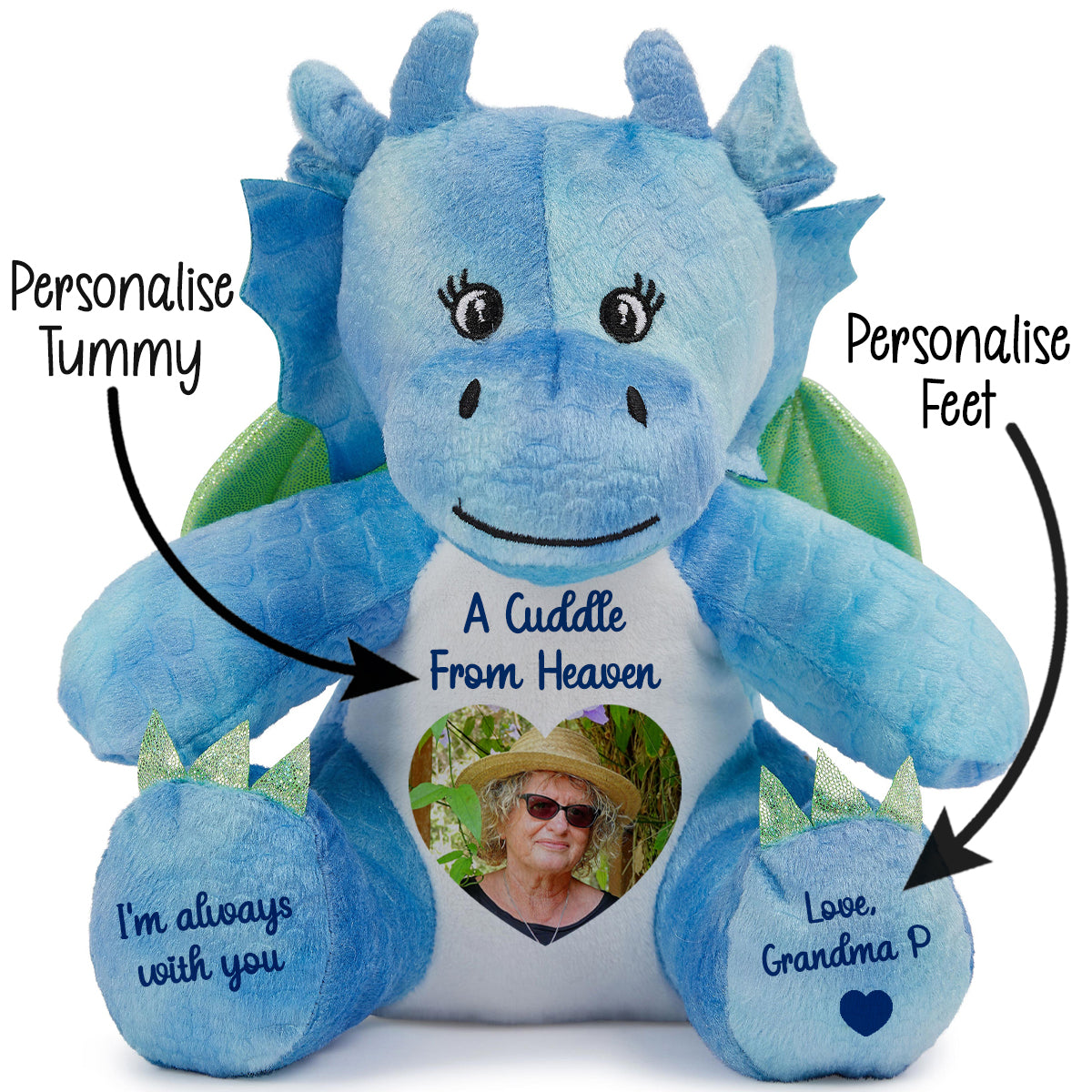 Blue plush dragon teddy with customisable cuddle from heaven text and a heart shaped photo CFHDRA
