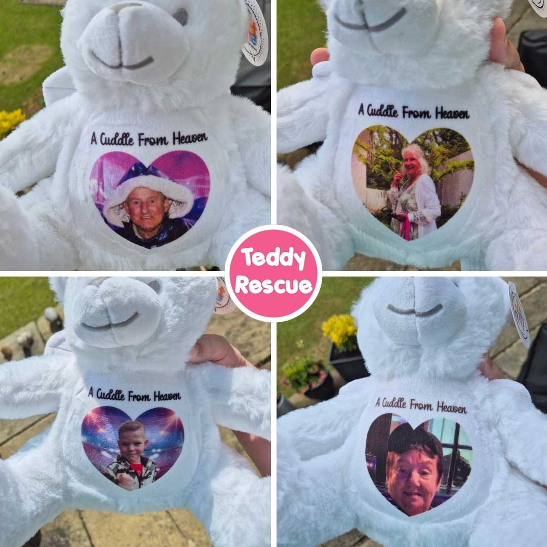 Collage of white teddy bears with heart-shaped portraits and 'A Cuddle From Heaven' text, featuring the Teddy Rescue logo. CFHANG