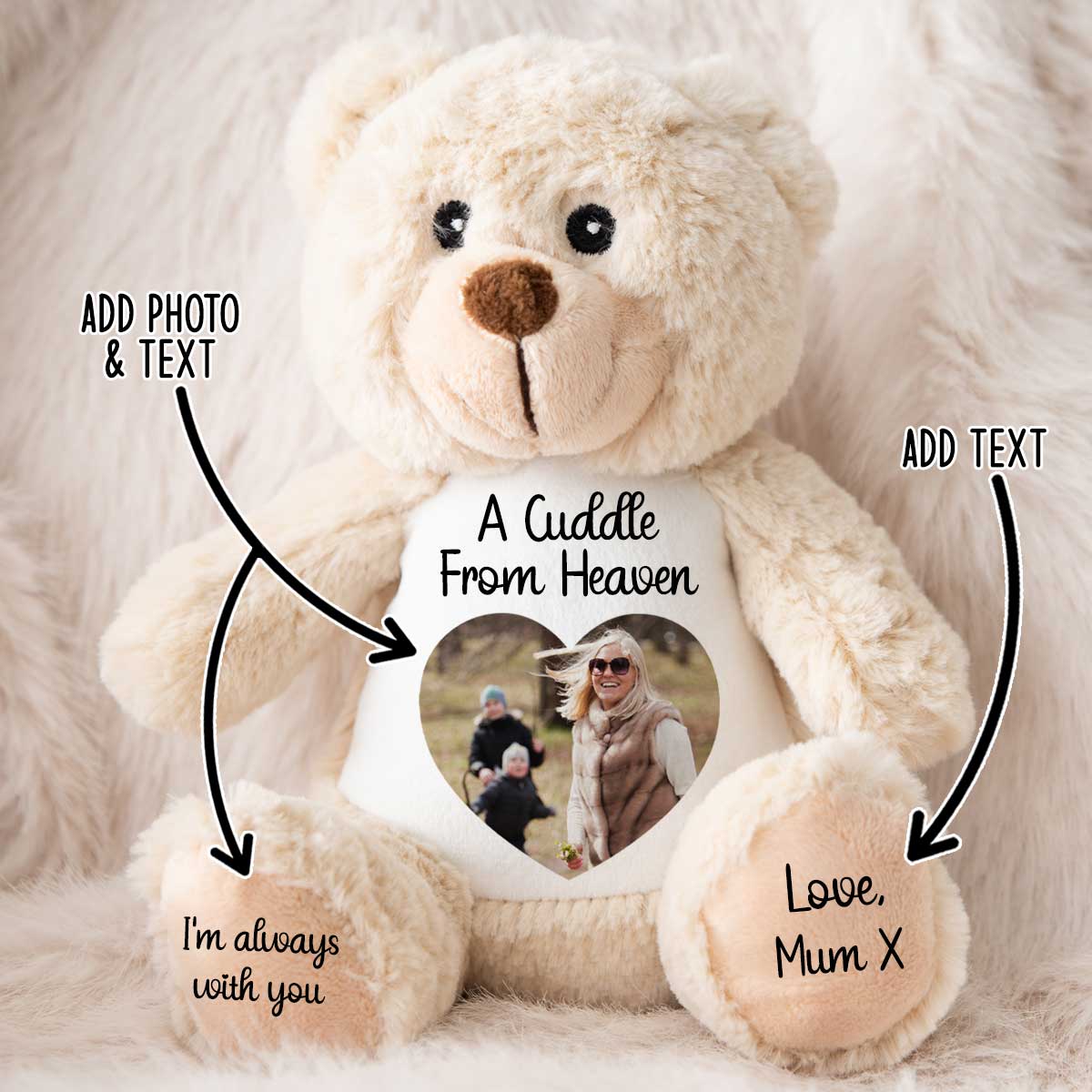 Personalised cuddle from heaven teddy bear with photo and text options on a soft white background CFHBBE