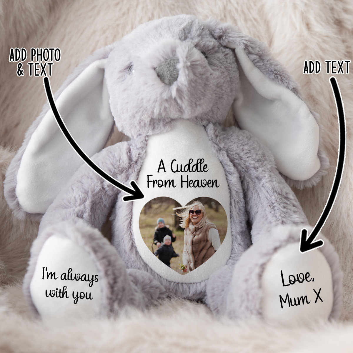 Gray plush Bunny teddy with a heart-shaped cuddle from heaven print for photos and text, on a soft beige background CFHGBU