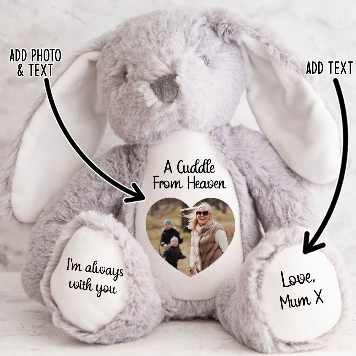 Gray plush bunny rabbit with cuddle from heaven text and heart shaped photo placeholders on a white background CFHGBU