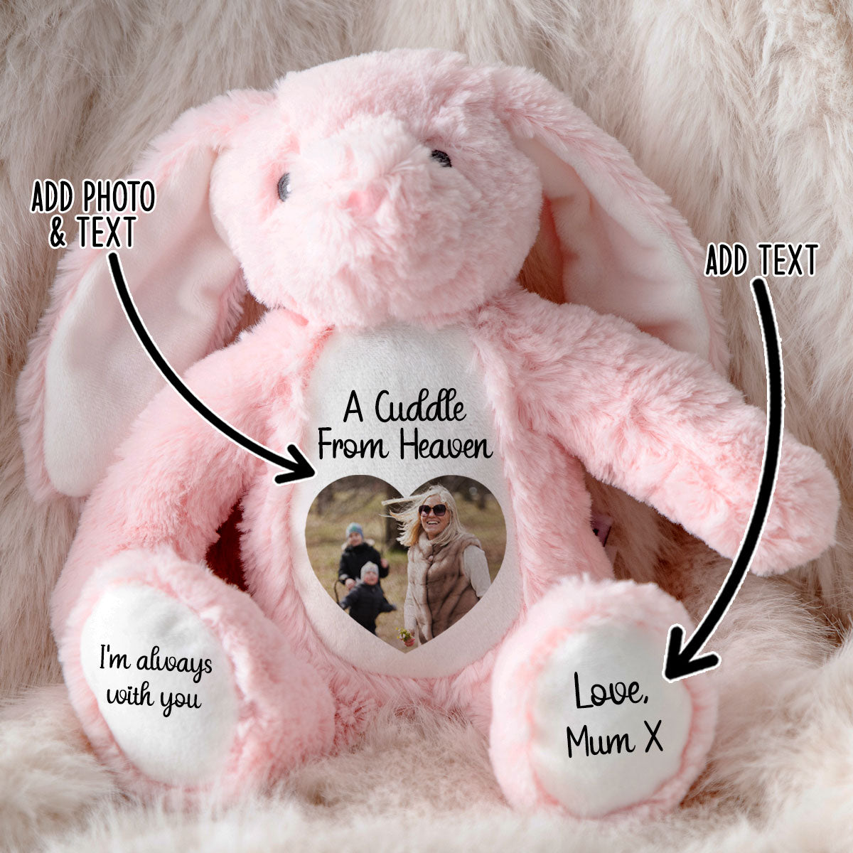 Pink plush bunny with customisable cuddle from heaven text and photo area on a fluffy background CFHPBU