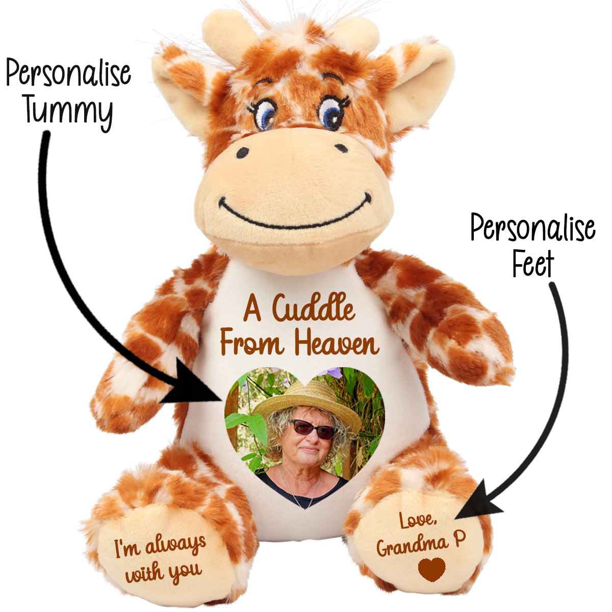 Plush giraffe tteddy with customisable cuddle from heaven text and heart shaped photo area on a white background CFHGIR
