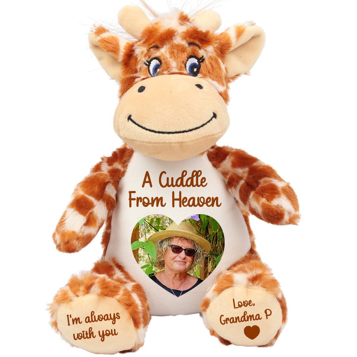 Plush giraffe teddy with a heart shaped photo personalised cuddle from heaven text on a white background