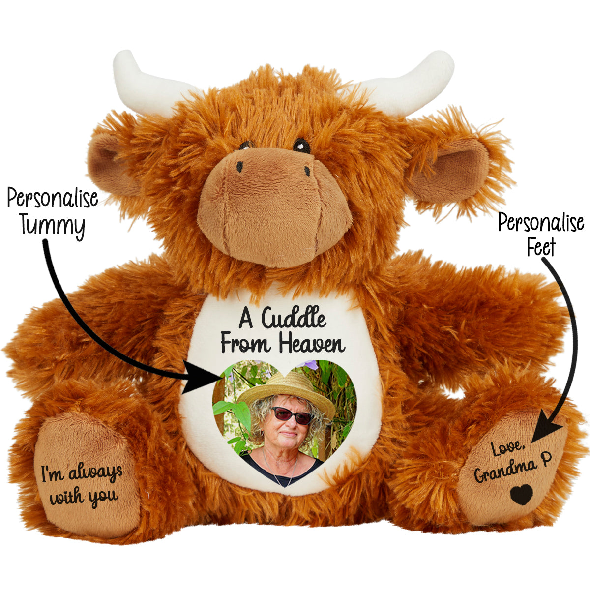 Plush highland cow teddy with customisable cuddle from heaven text and photo on a white background CFHHIG