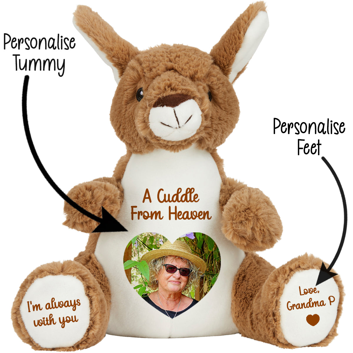 Stuffed kangaroo teddy with customisable cuddle from heaven text and heart shaped photo on a white background CFHKAN