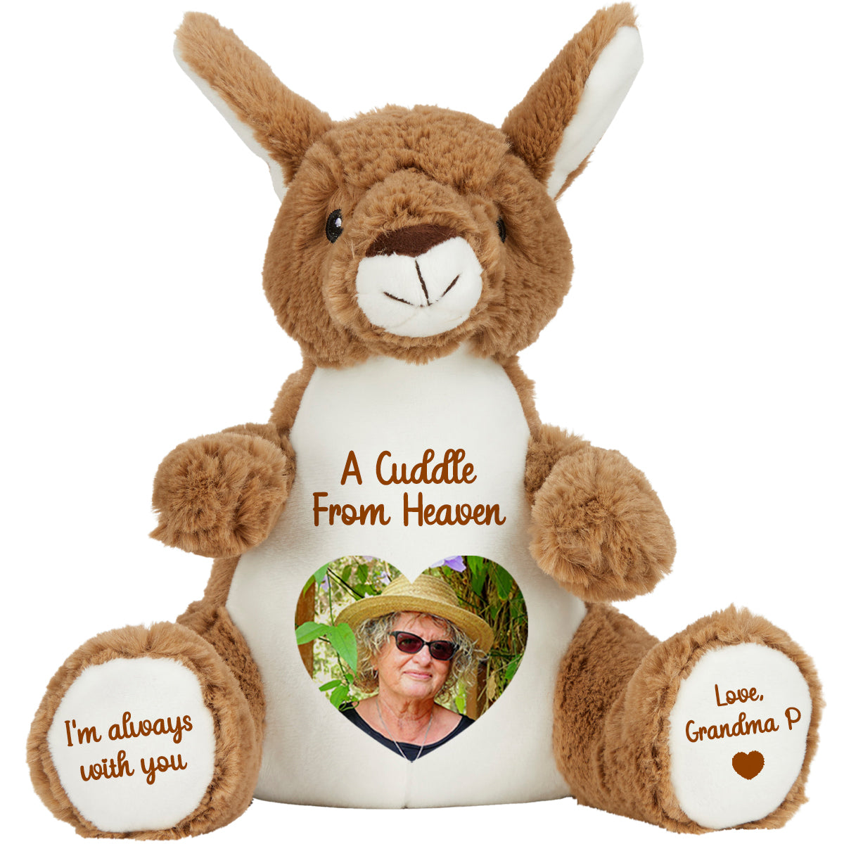 Plush kangaroo teddy with a heart photo and cuddle from heaven text