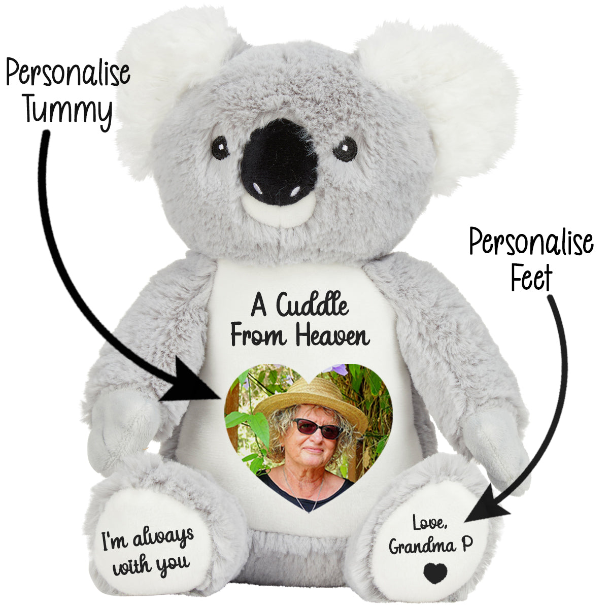 Gray koala bear with customisable cuddle from heaven text and photo on a white background CFHKOA