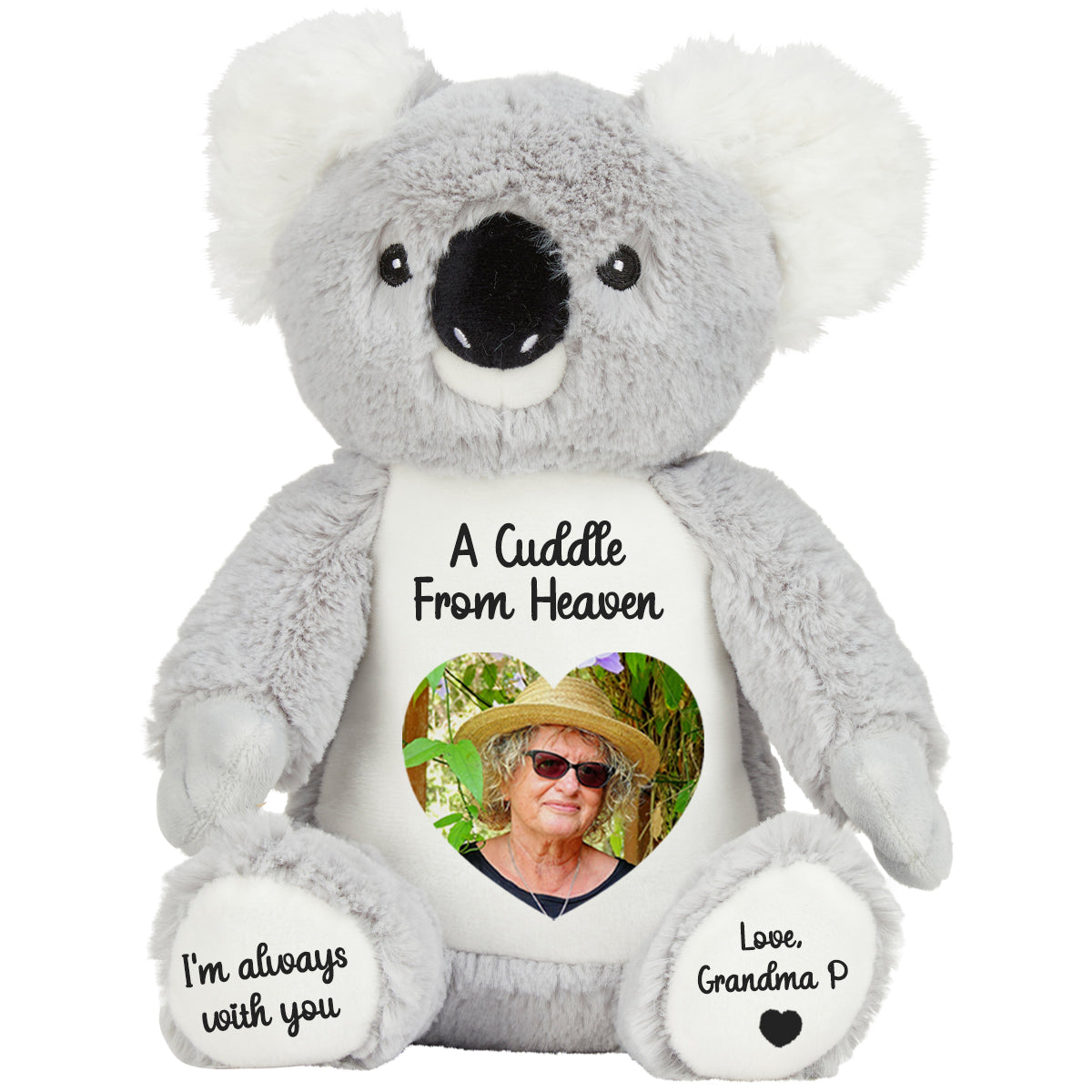 Plush koala teddy bear with a heart photo and cuddle from heaven text on a white background
