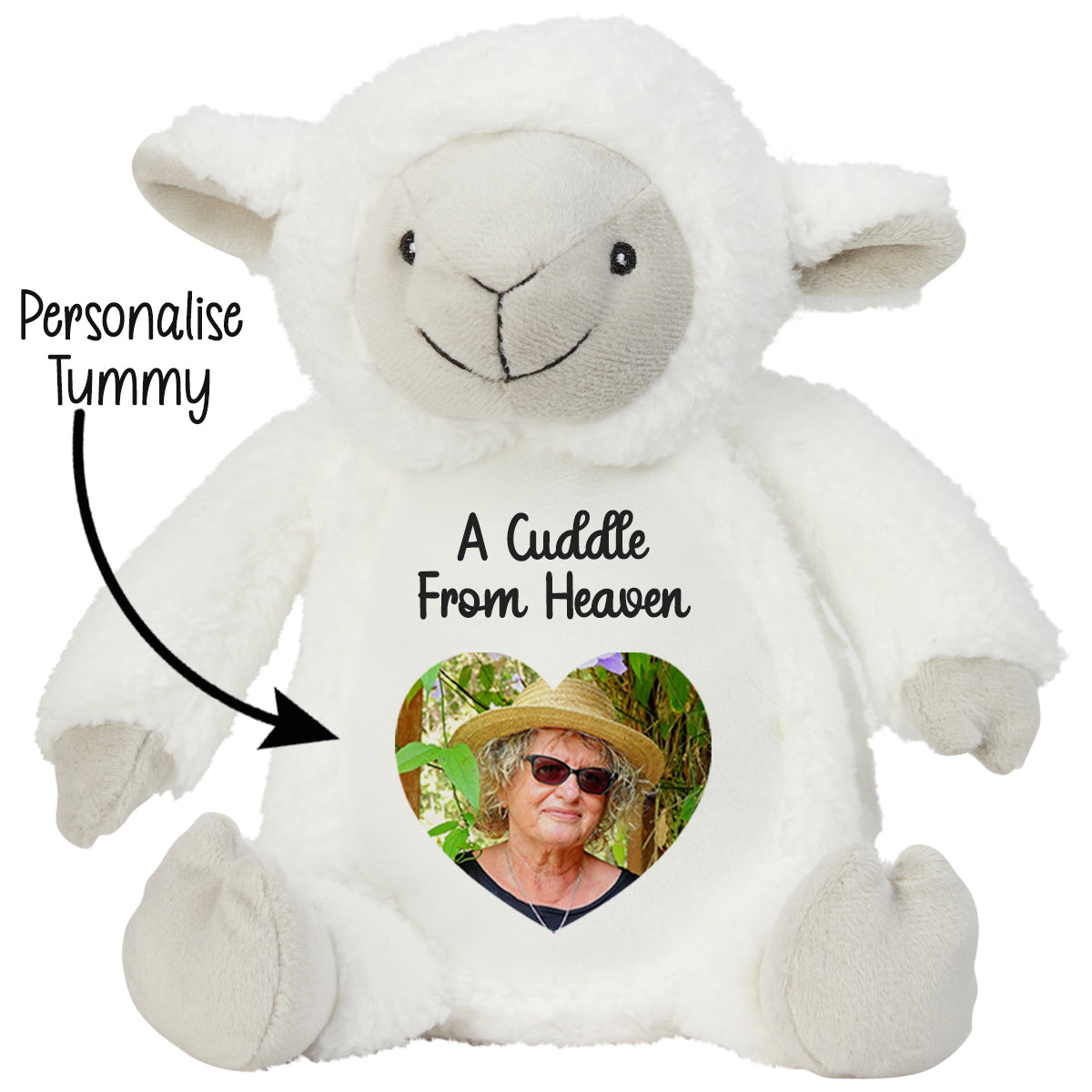 White plush lamb with a heart-shaped photo insert and text 'A Cuddle From Heaven' CFHLAM