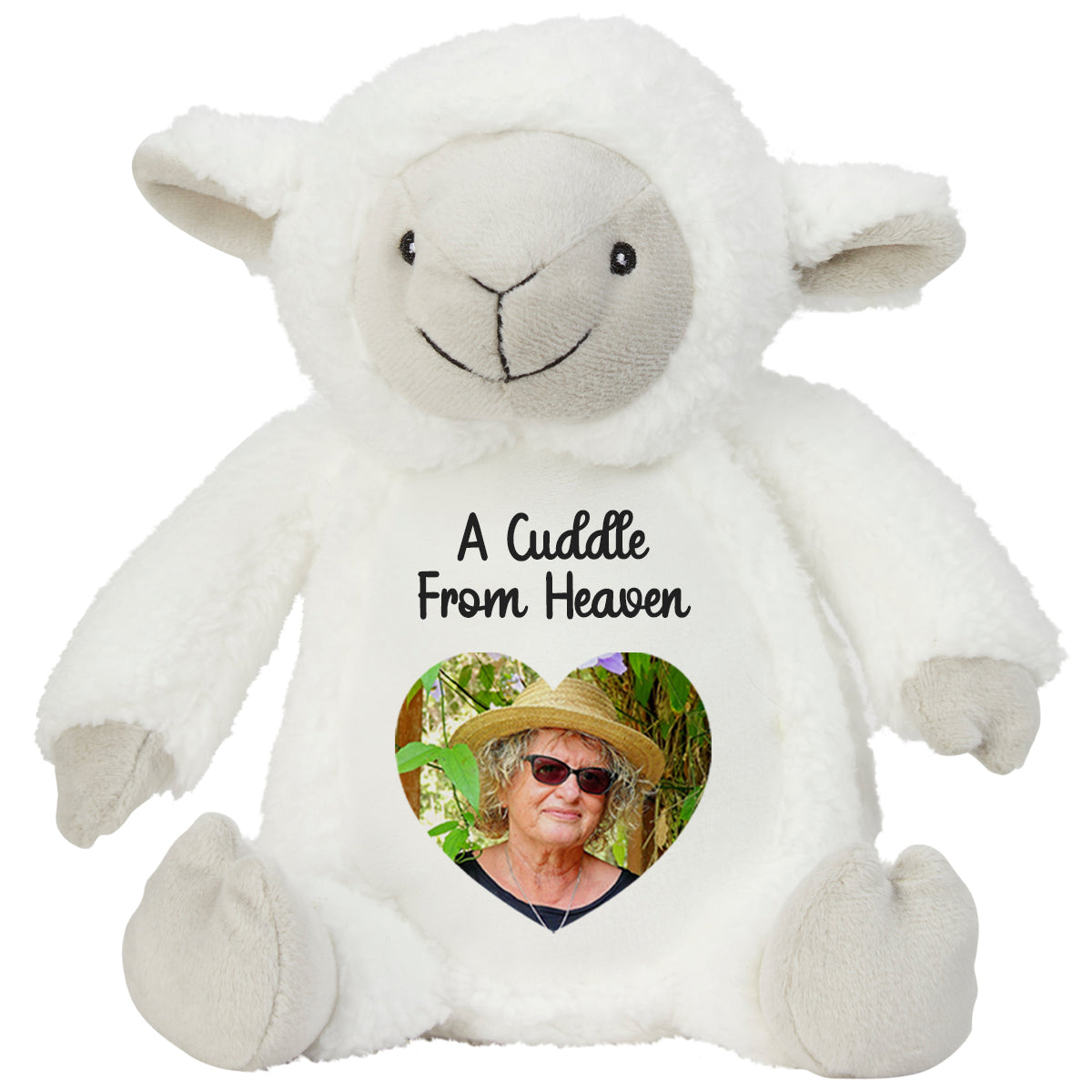 White plush lamb teddy with a heart-shaped photo insert and 'A Cuddle From Heaven' text on a white background