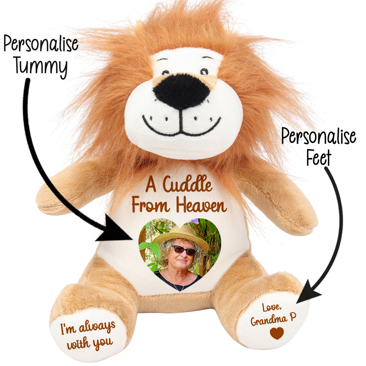 Plush lion teddy with customisable cuddle from heaven text and heart photo area on a white background CFHLIO