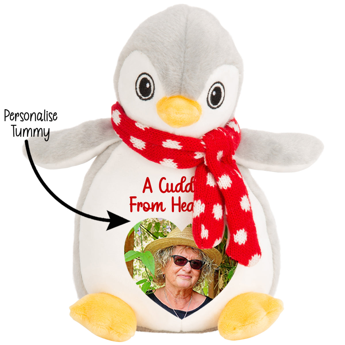 Plush penguin teddy with a red scarf and personalised heart photowith a cuddle from heaven text CFHPEN