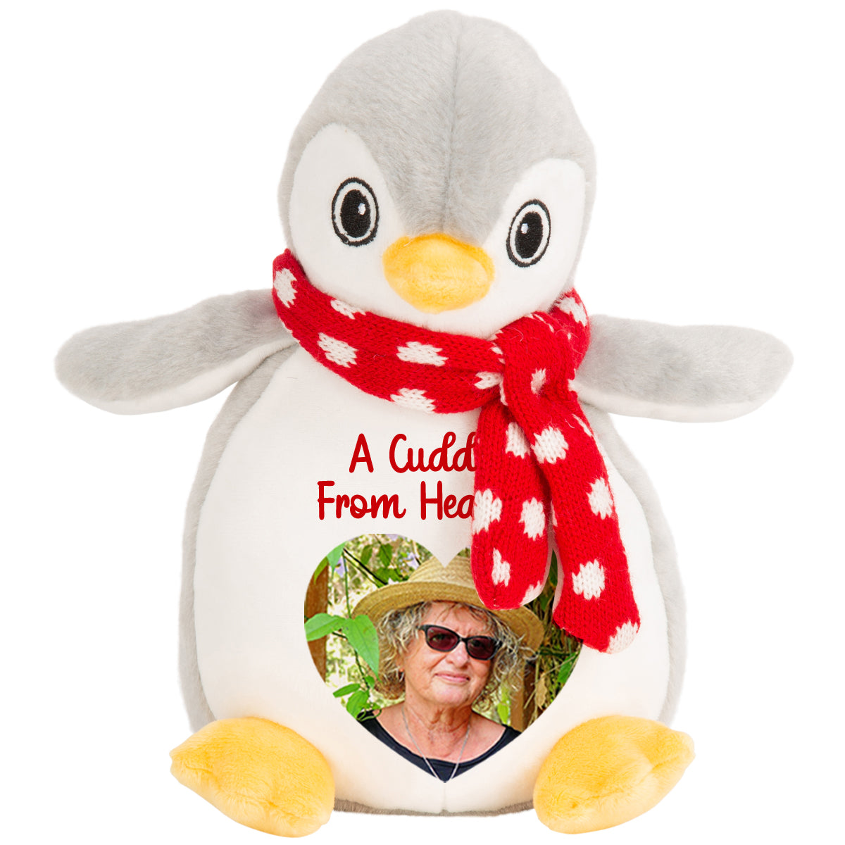 Plush penguin teddy with a red scarf and heart-shaped photo with cuddle from heaven text