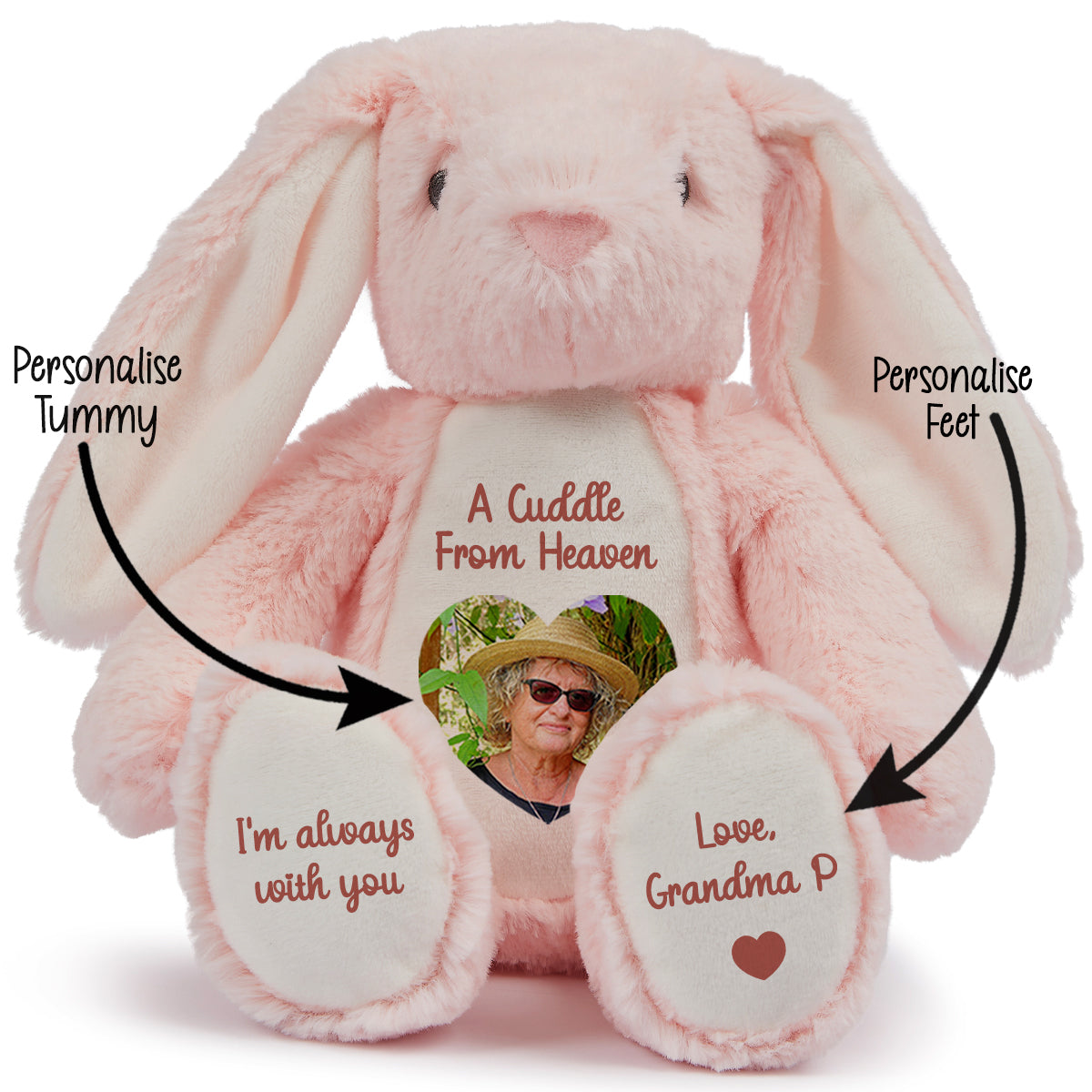 Pink plush bunny with customisable cuddle from heaven text and photo on a white background CFHPBU