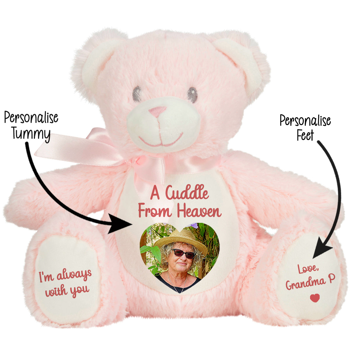 Pink teddy bear with customisable cuddle from heaven text and heart photo area on a white background CFHPBE