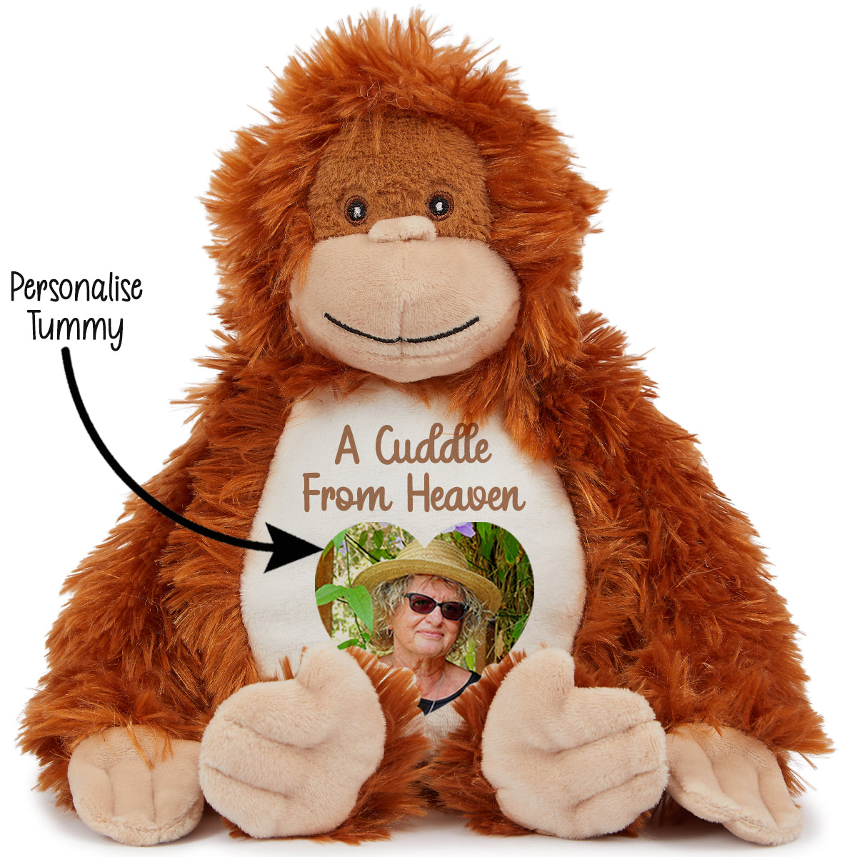 Stuffed monkey teddy with a customisable tummy featuring a heart shaped photo and cuddle from heaven text on a white background CFHORAN