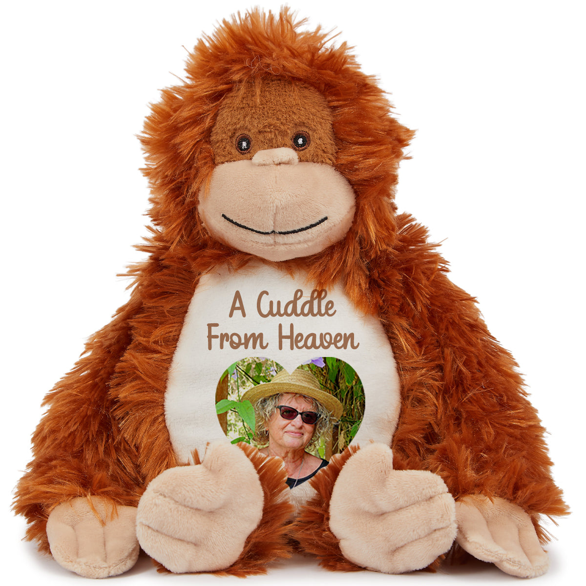 Stuffed monkey teddy with a s'A Cuddle From Heaven' text and heart shaped photo