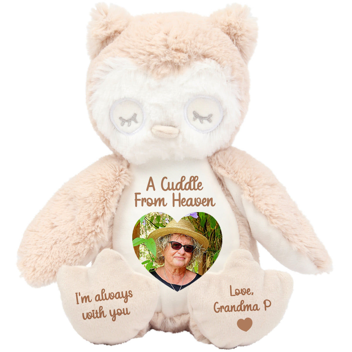 Plush owl teddy bear with a heart photo and cuddle from heaven text on a white background
