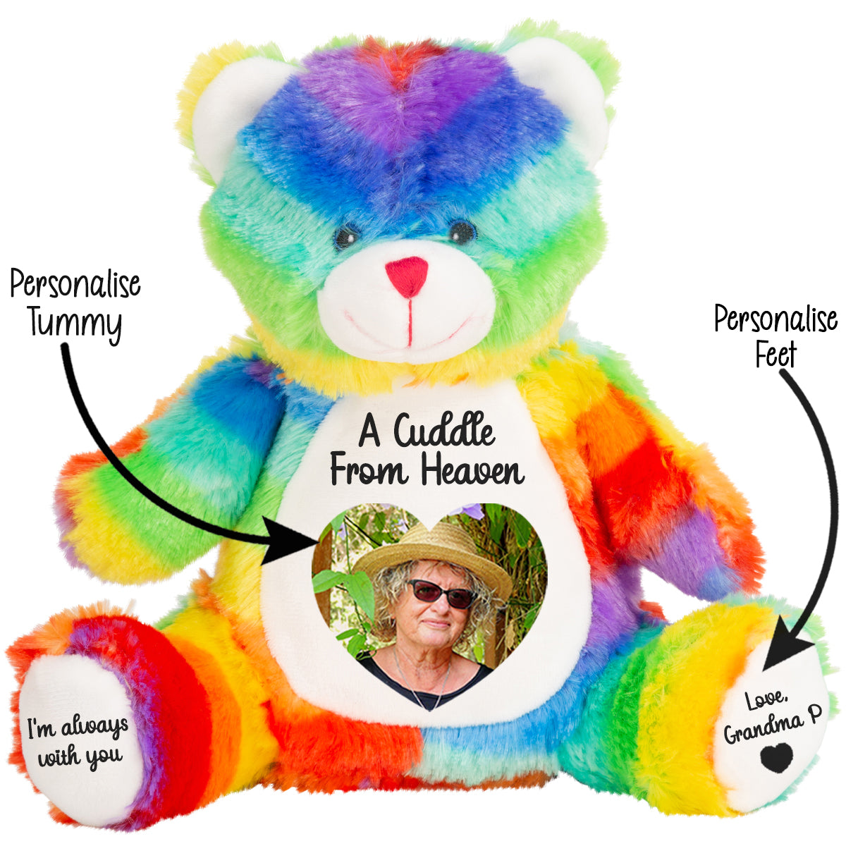 Colourful rainbow teddy bear with a customisable cuddle from heaven photo message on a white background CFHRAIN