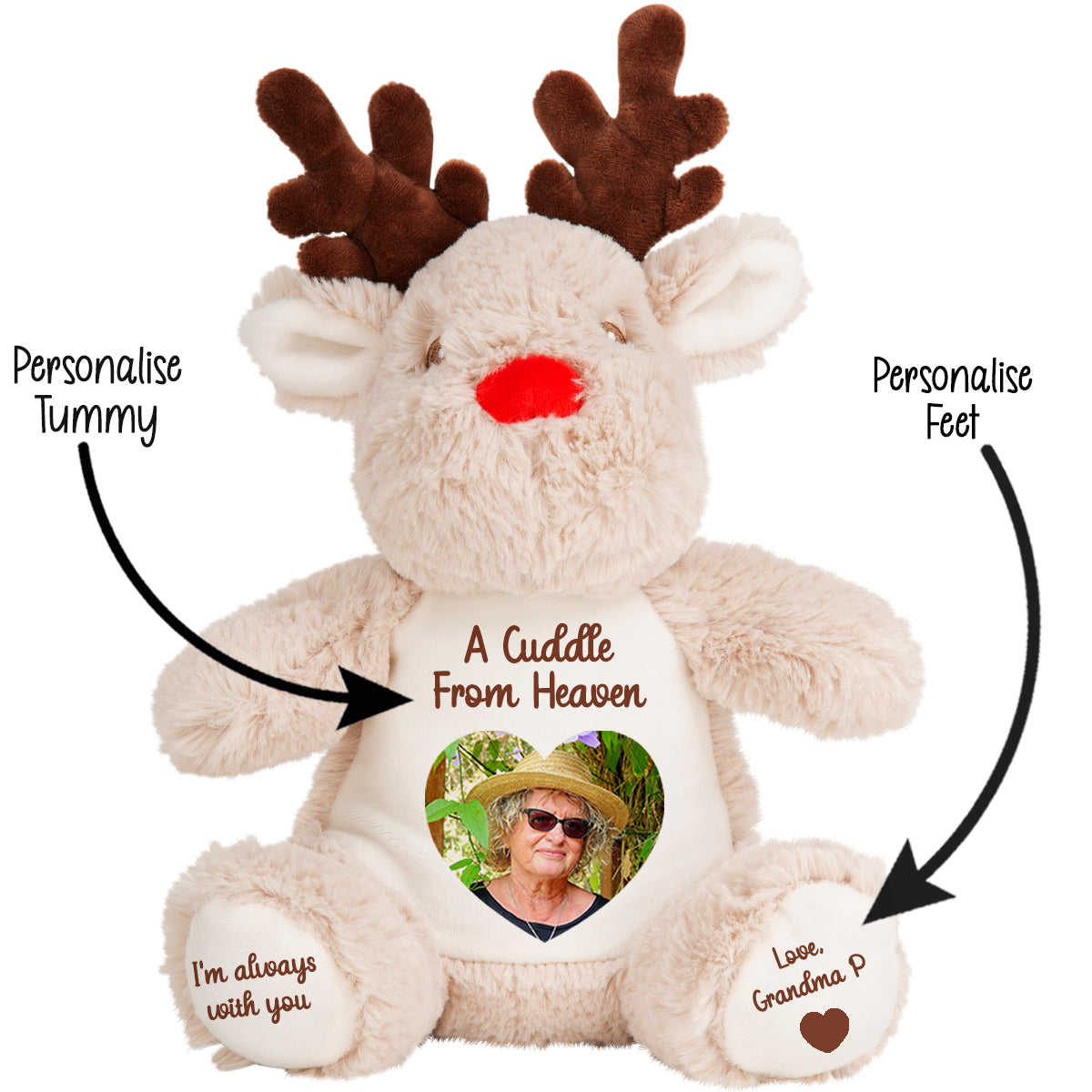 Plush reindeer teddy with customisable cuddle from heaven text and heart shaped photo on a white background CFHREIN
