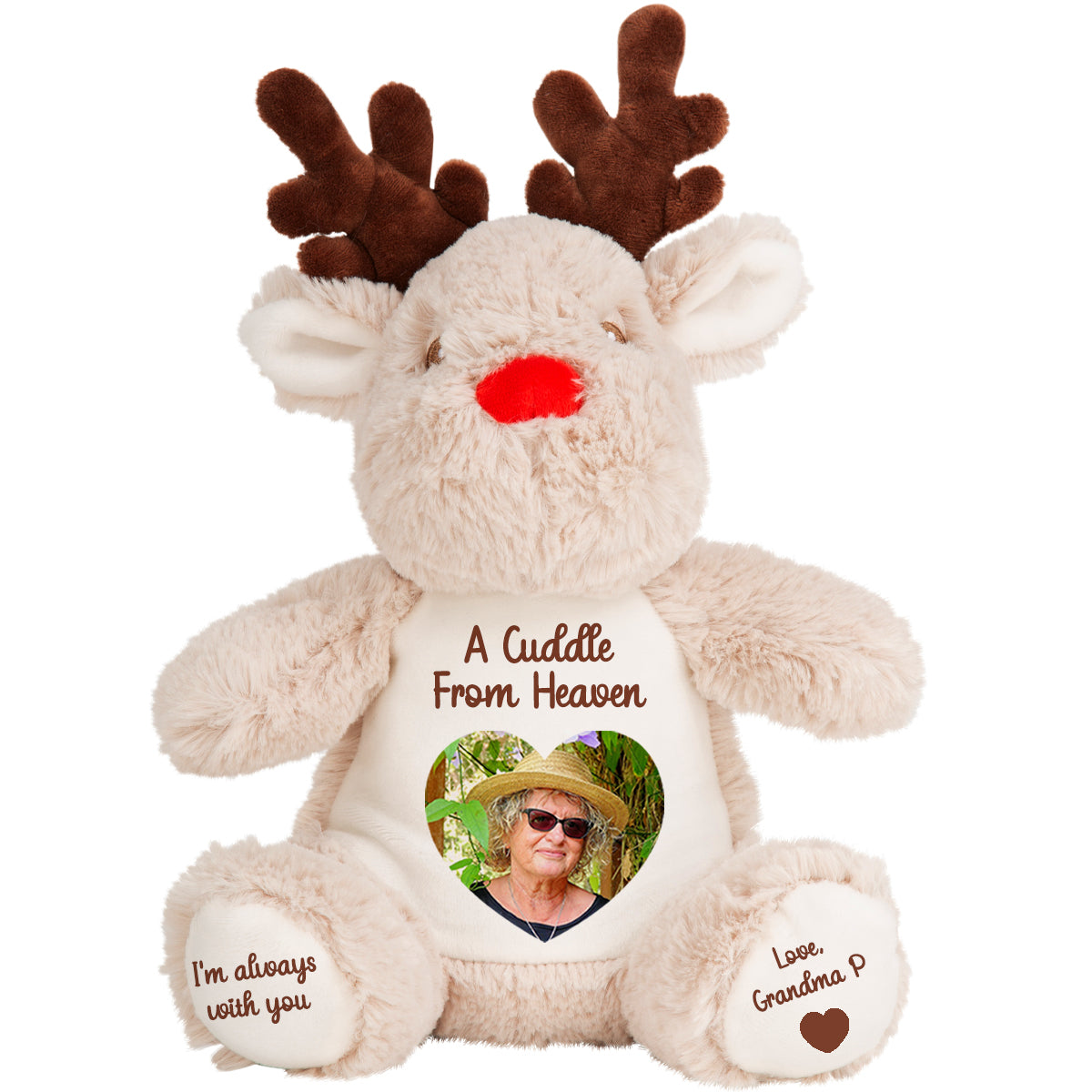 Plush reindeer teddy with a heart shaped photo and cuddle from heaven text on a white background