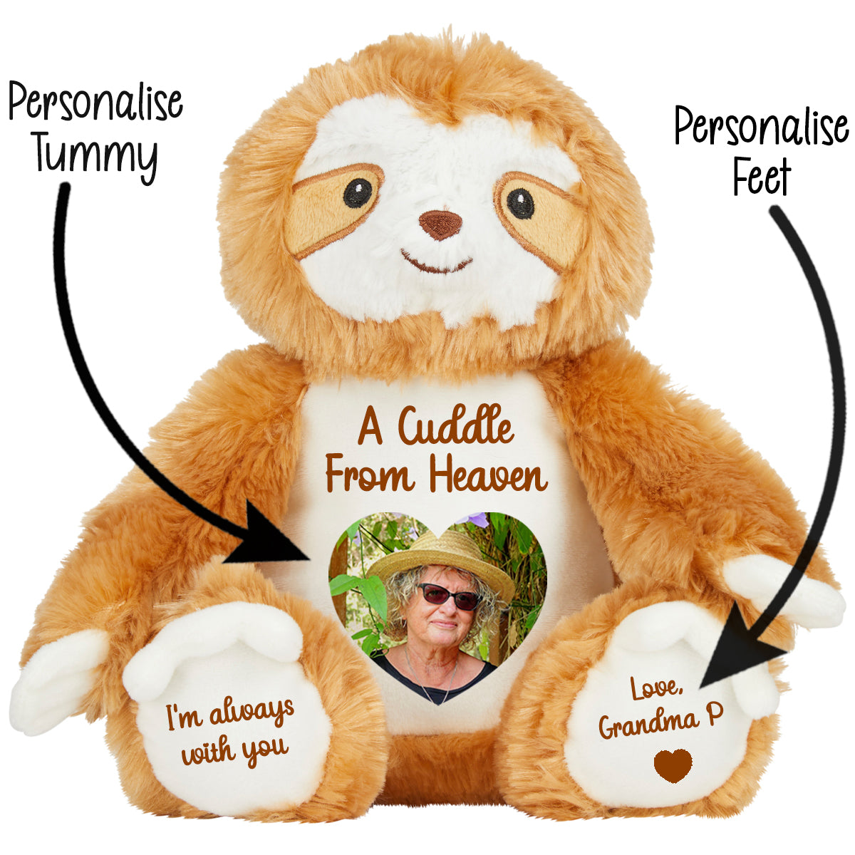 Plush sloth teddy bear with customisable cuddle from heaven text and photo area on a white background CFHSLO