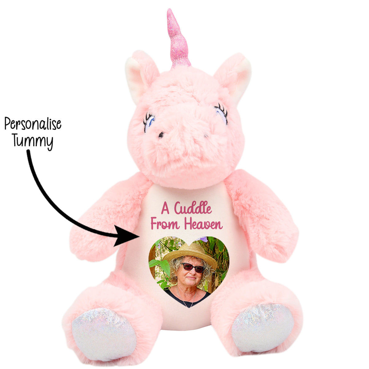 Pink unicorn plush toy with customisable cuddle from heaven text tummy featuring a photo and text on a white background CFHUNI