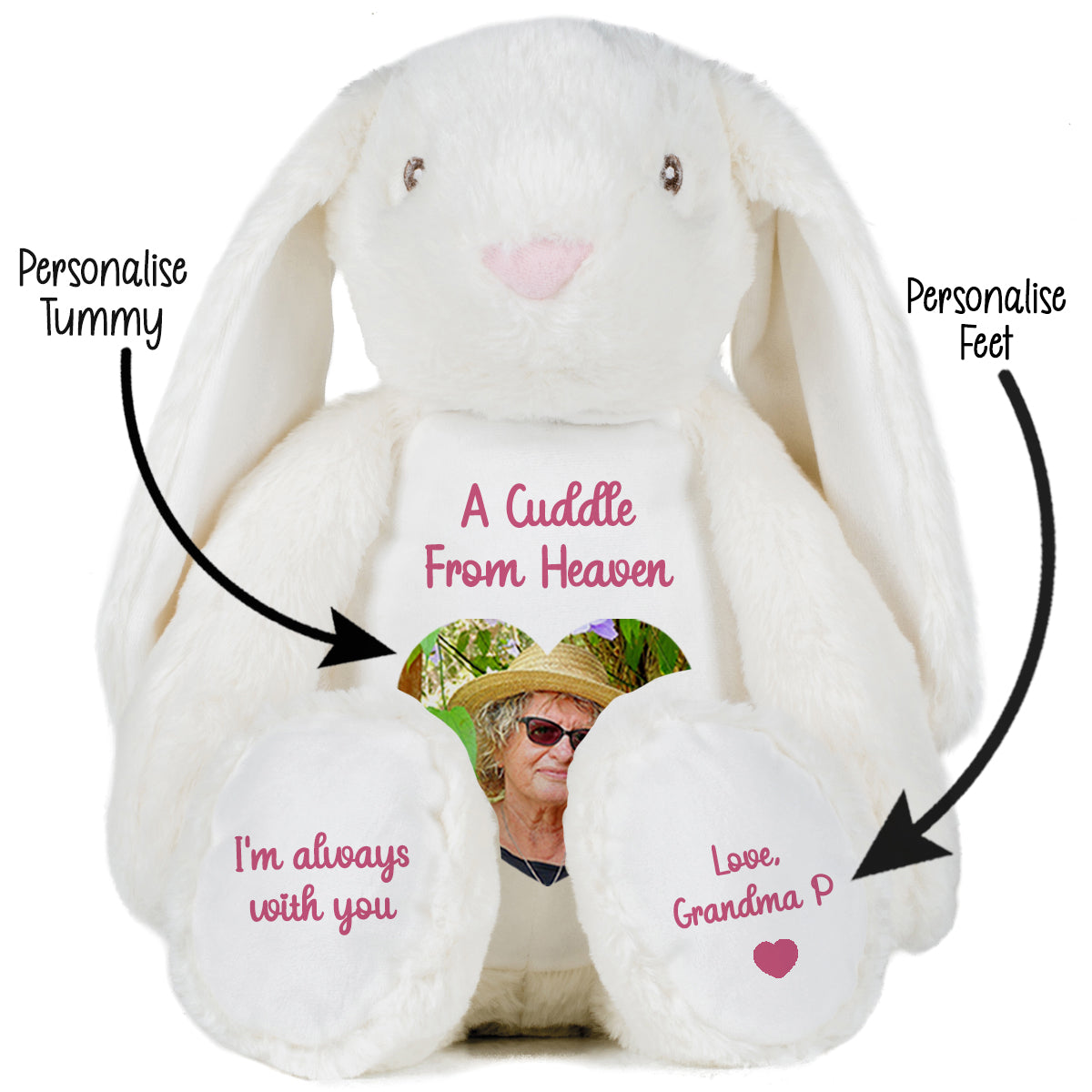 White plush bunny with customisable cuddle from heaven text on a white background CFHWHIB